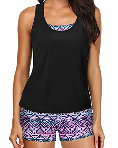 Women's Slimming Tankini Boyshorts And D-Ring Strappy Tankini-Black And Tribal Purple