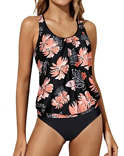 Racerback Women's Tankini Swimsuits High Waisted Bottom-Black Orange Floral