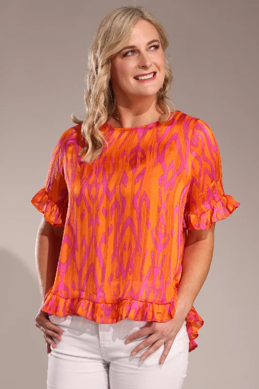 Hi low hemline Ribbon Chiffon Top | Pink Orange Abstract | 7124A1