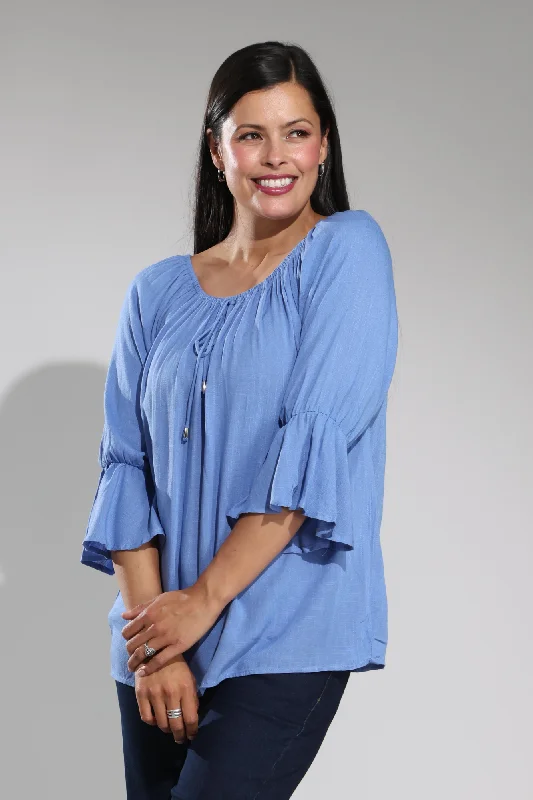 Frill cuff Soft Drape Top | INDIGO | 4612A1