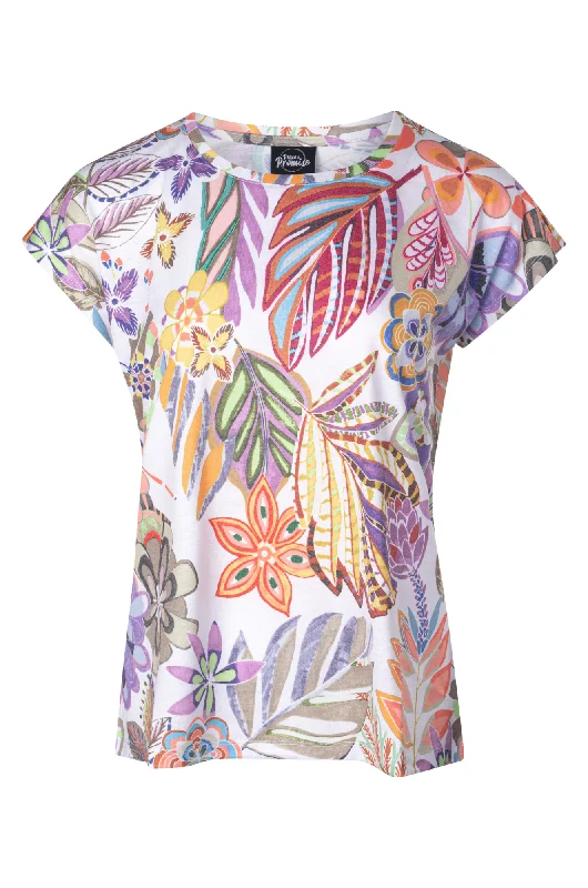 Printed Top with cap sleeve | Natural Multi Palms | 7201A1