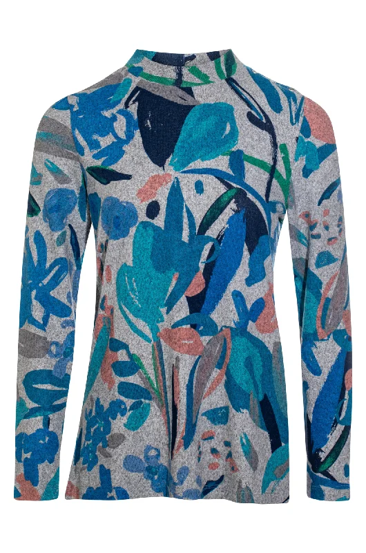 Turtle neck printed Warm Touch Top | Multi Blues Garden | 7902ZZ