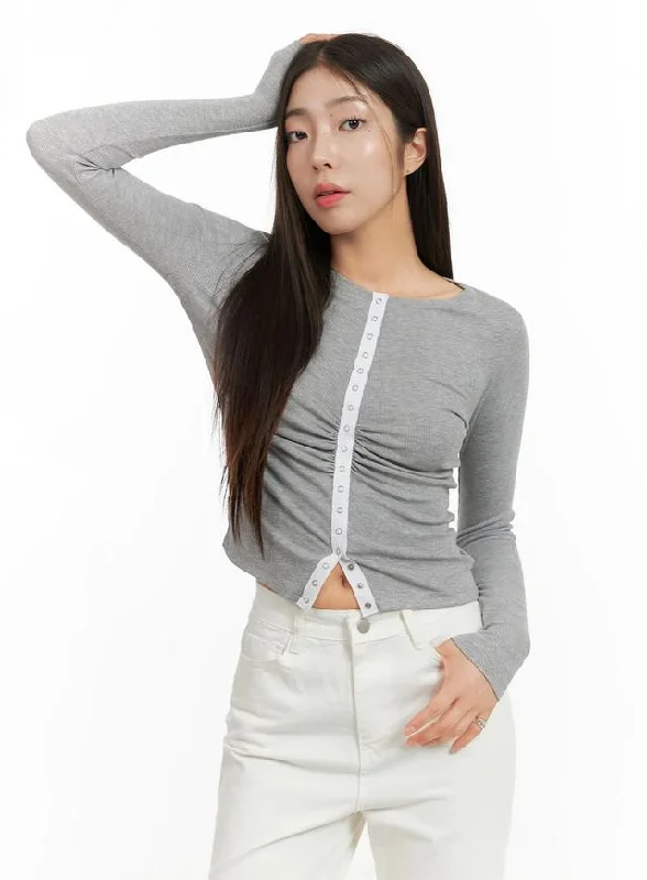 Solid Button Long Sleeve Top OA429