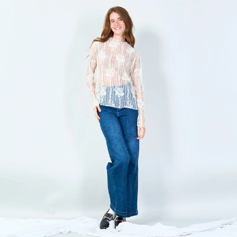 Vintage-inspired lace top with vertical floral patterns wholesale