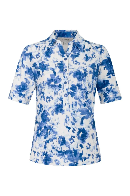 Polyester blend Polo Top | Indigo White Floral | 9122A1