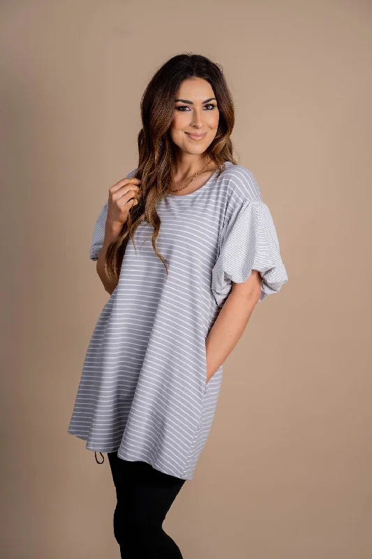 Mixed Stripes Puff Sleeve Tunic Dress