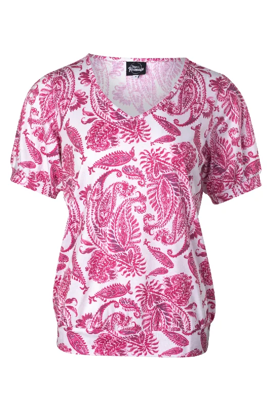 V neck Top with hem band | Cerise Paisley | 7203A1