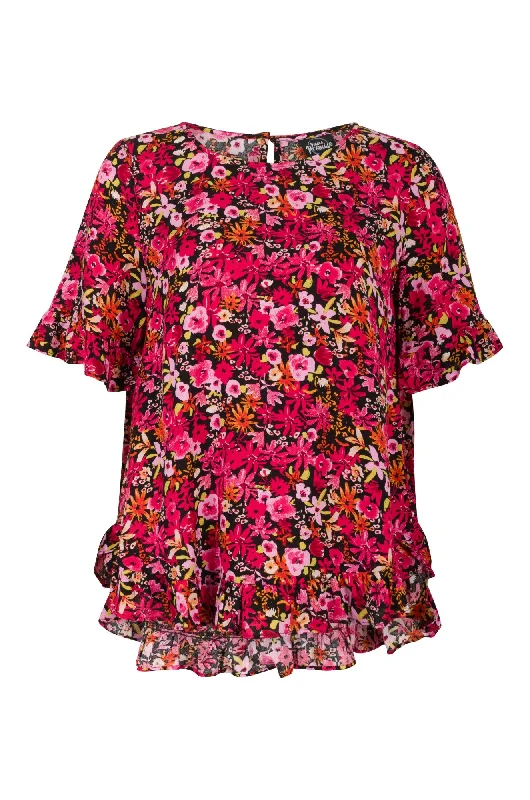 Viscose Top with ruffles | Pink Blooms | 7331A1