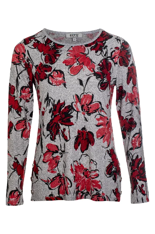 Round neck printed Warm Touch Top | RED BLACK FLOWER | 7903ZZ