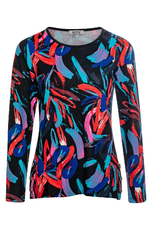 Round neck printed Warm Touch Top | Bright Blk Brshstroke | 7903ZZ