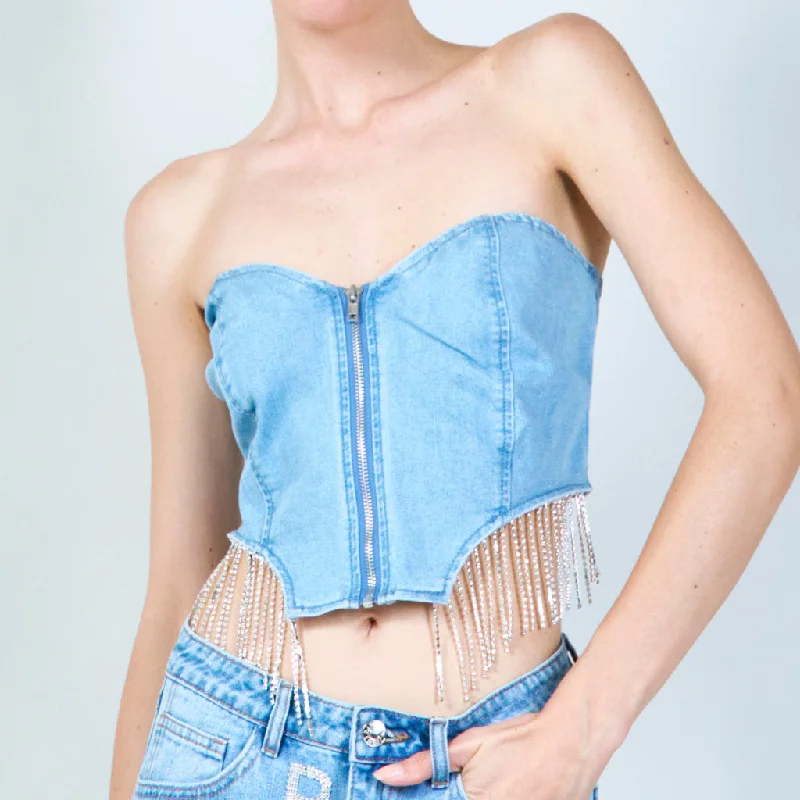 Denim tube top with fringe and back elastic wholesale