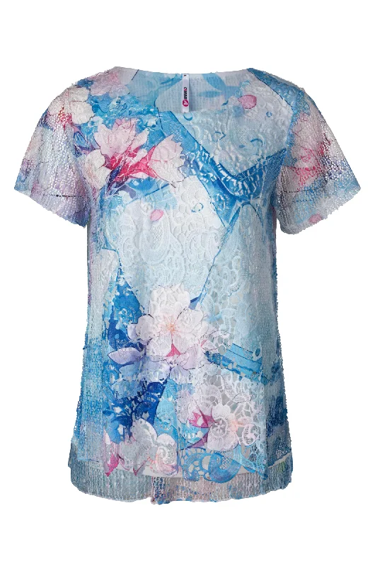 Printed Mesh & Lace Top | BLUES PINK FLOWER | 3981A1