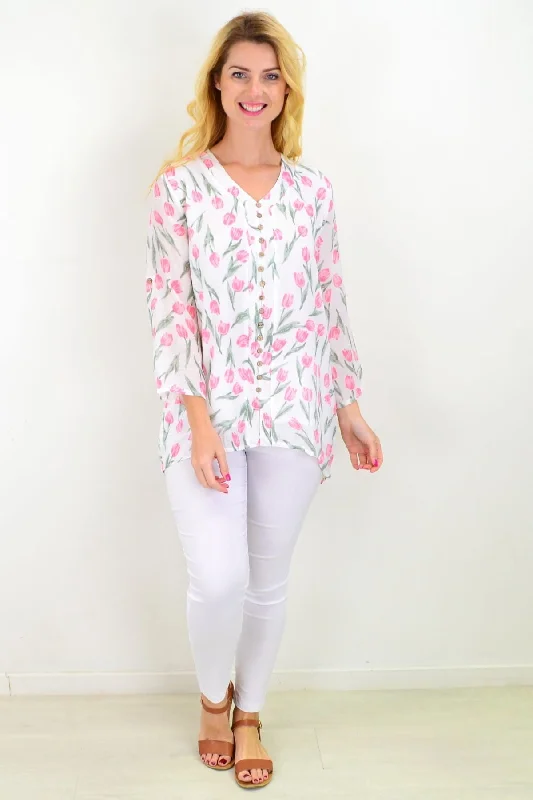 Floating Tulip Button Up Sleeve Tunic Blouse