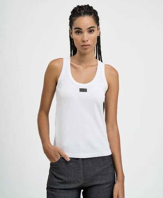 Access Fashion White Ribbed Sleeveless Top With Rhinestones