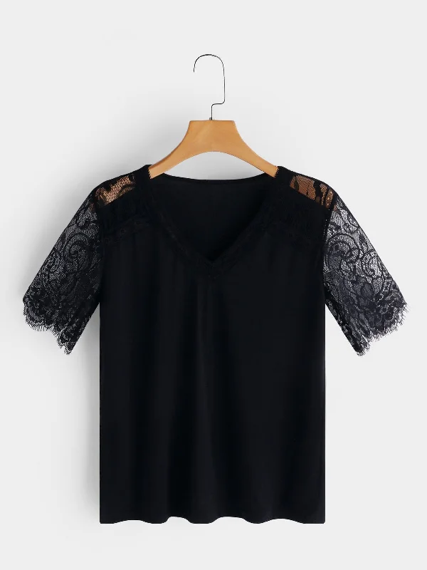 Custom V-Neck Lace Short Sleeve Black Top