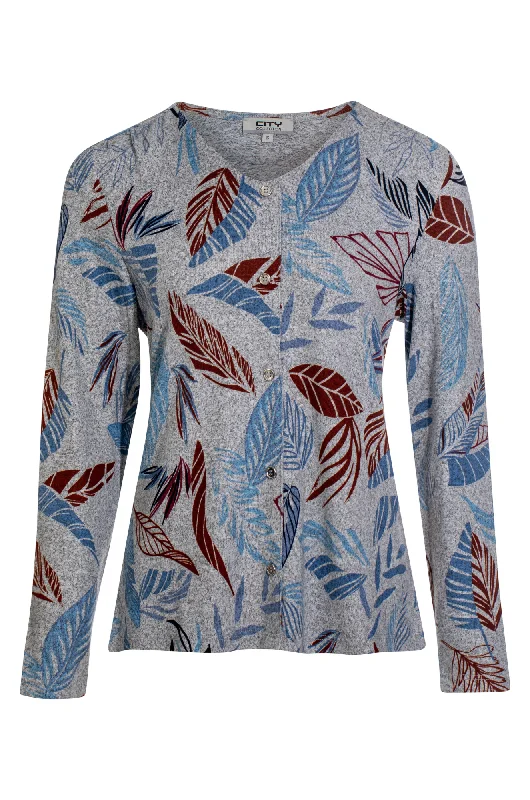 V neck printed Warm Touch Top | Indigo Spice Leaf | 7905ZZ