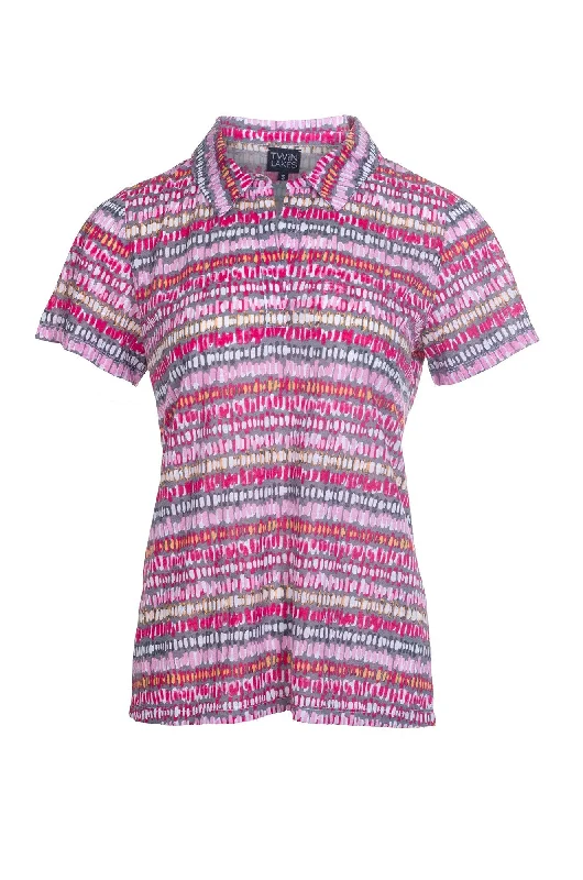 Printed Poly Slub Top with collar | Cerise Silver Abstract | 6744A1