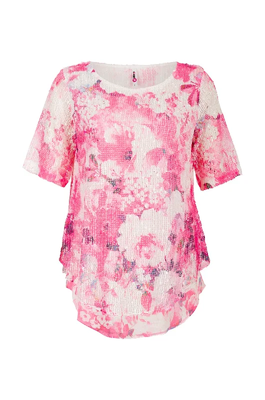 Mesh Overlay Tunic | Cerise White Blooms | 3971A1