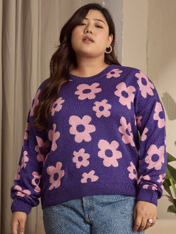 Berrylush Curve Women Purple & Pink Floral Printed Round Neck Drop-Shoulder Sleeves Ribbed Hem Regular Sweater