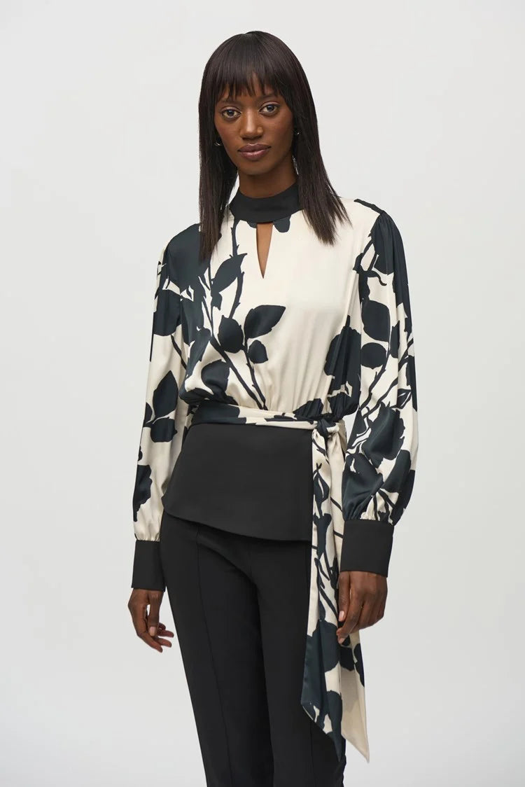 Joseph Ribkoff Black/Moonstone Satin and Georgette Floral Print Top