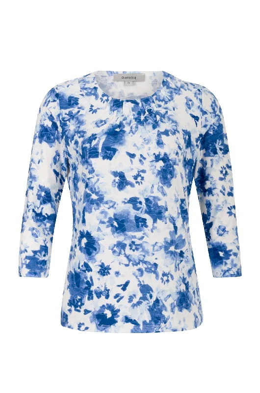 3/4 sleeve Top with neckline gather | Indigo White Floral | 9121A1