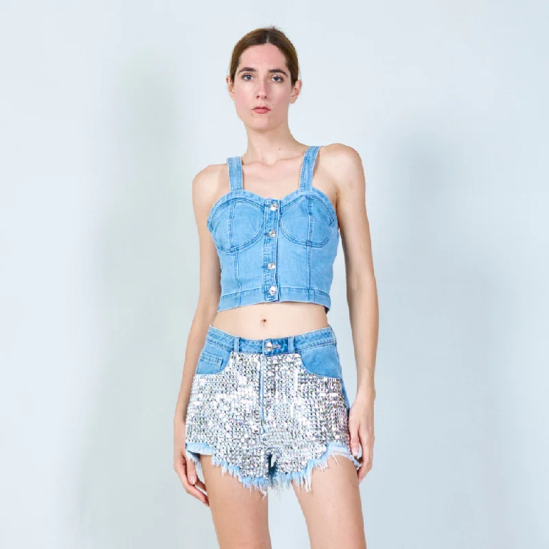 Trendy denim crop top with button front wholesale