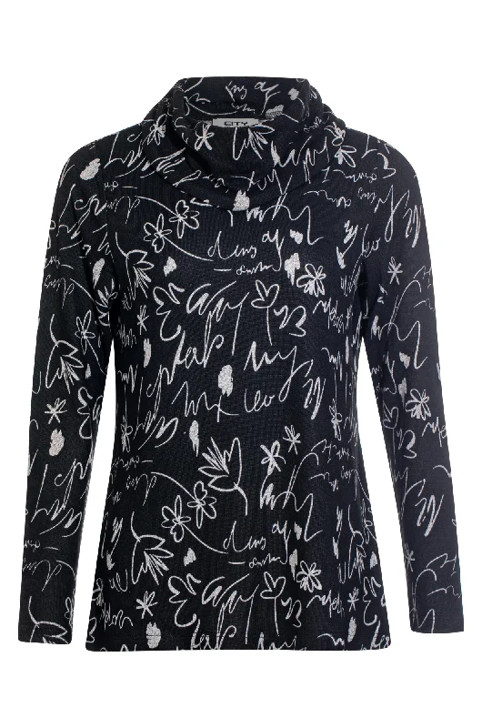 Cowl neck Printed Warm Touch Top | Black Silver Text | 7900ZZ