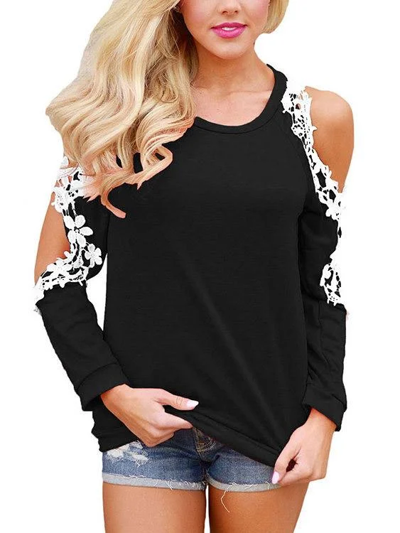 Custom Round Neck Cold Shoulder Plain Lace Cut Out Long Sleeve Top