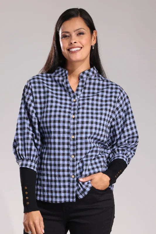 Gingham Shirt with Balloon sleeves | Sky Black | 4073ZZ