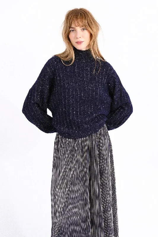 Molly Bracken Stand Up Collar Navy Blue Knitted Sweater