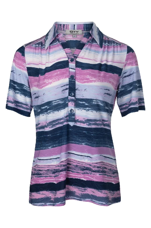 Printed Slinky Polo Top | Pink Indigo Horizon | 7401A1