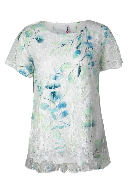 Printed Mesh & Lace Top | Green Stem | 3981A1