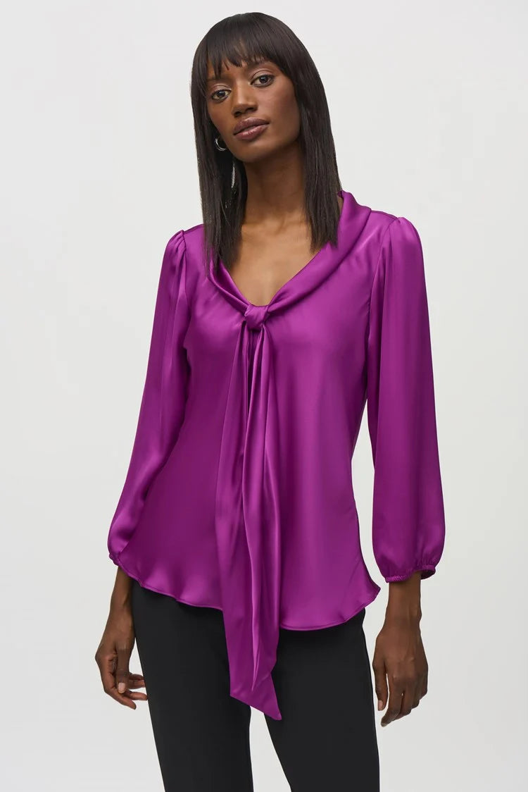 Joseph Ribkoff Empress Satin Top With Bow Tie Neckline